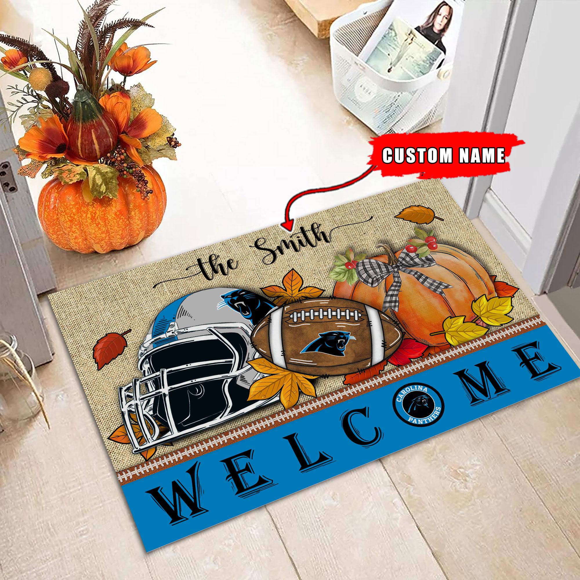 Carolina Panthers Welcome Fall Football Doormat - Famjoys Carolina Panthers Welcome Fall Football Doormat - Famjoys