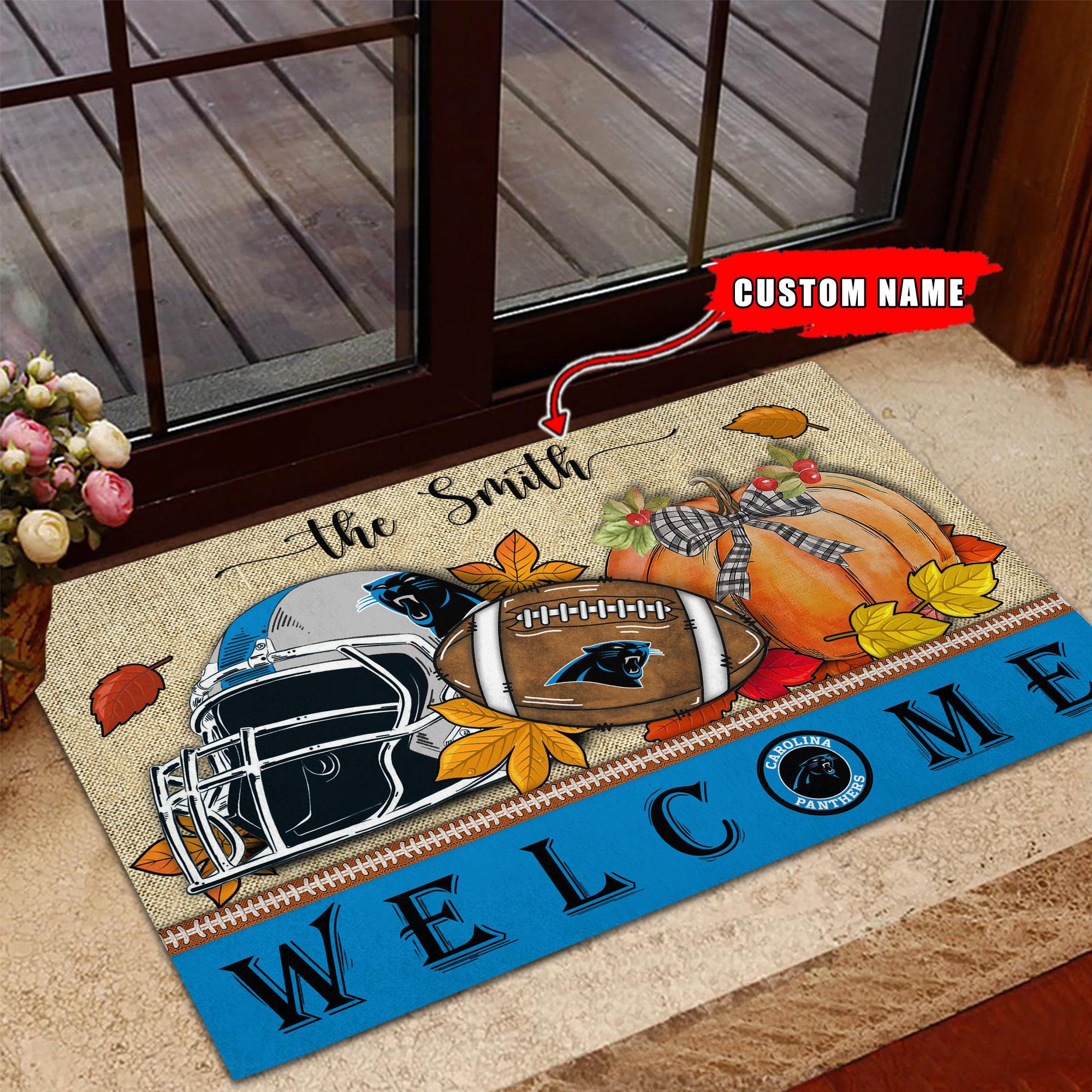 Carolina Panthers Welcome Fall Football Doormat - Famjoys Carolina Panthers Welcome Fall Football Doormat - Famjoys