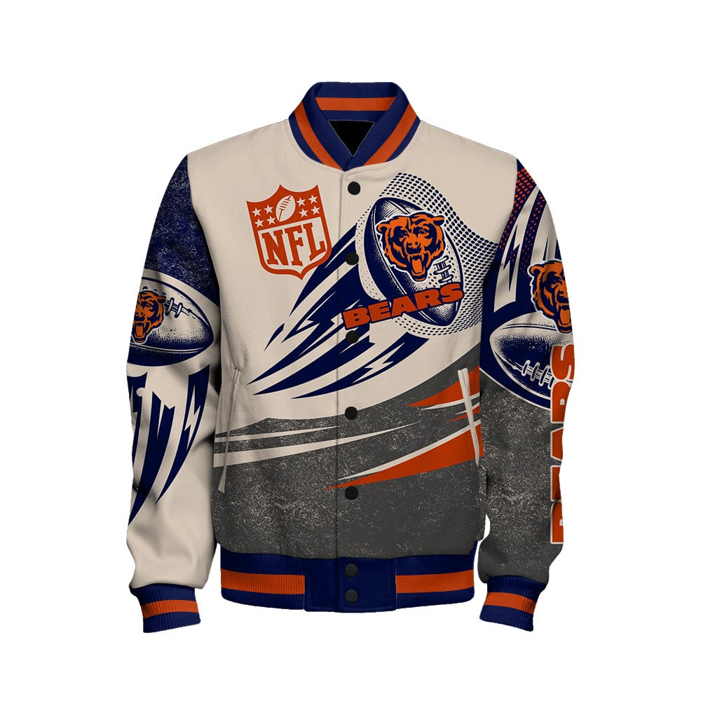 Chicago Bears AOP Varsity Jacket V10 - Famjoys Chicago Bears AOP Varsity Jacket V10 - Famjoys