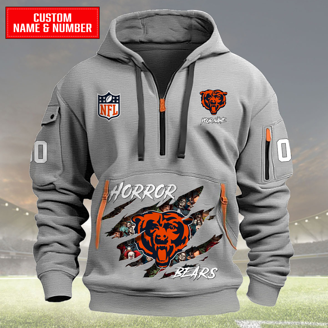 Chicago Bears Halloween Horror Collection Personalize Quarter Zip Hoodie AZCAQZH000004 - Famjoys Chicago Bears Halloween Horror Collection Personalize Quarter Zip Hoodie AZCAQZH000004 - Famjoys