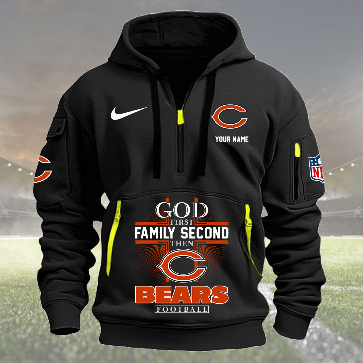 Chicago Bears Personalized Quarter Zip Hoodie New Collection AZBTQZH000246 - Famjoys Chicago Bears Personalized Quarter Zip Hoodie New Collection AZBTQZH000246 - Famjoys