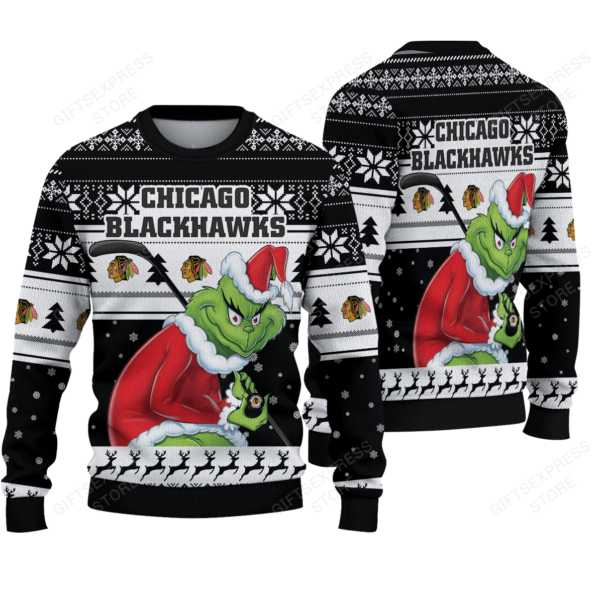 Chicago Blackhawks Grinch Christmas Ugly Sweater - Famjoys Chicago Blackhawks Grinch Christmas Ugly Sweater - Famjoys