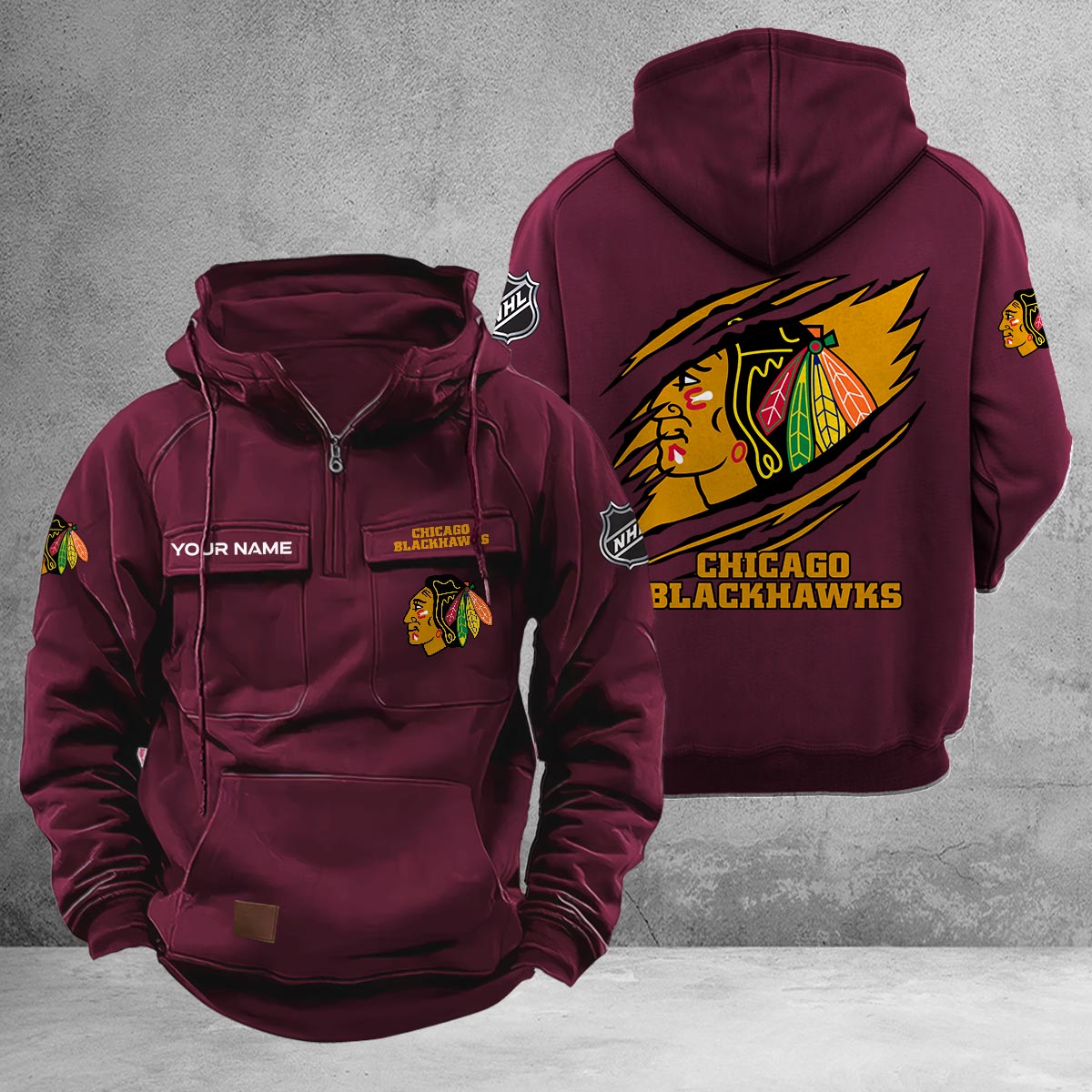 Chicago Blackhawks Multi-Pockets Zip-Up Hoodie - Famjoys Chicago Blackhawks Multi-Pockets Zip-Up Hoodie - Famjoys