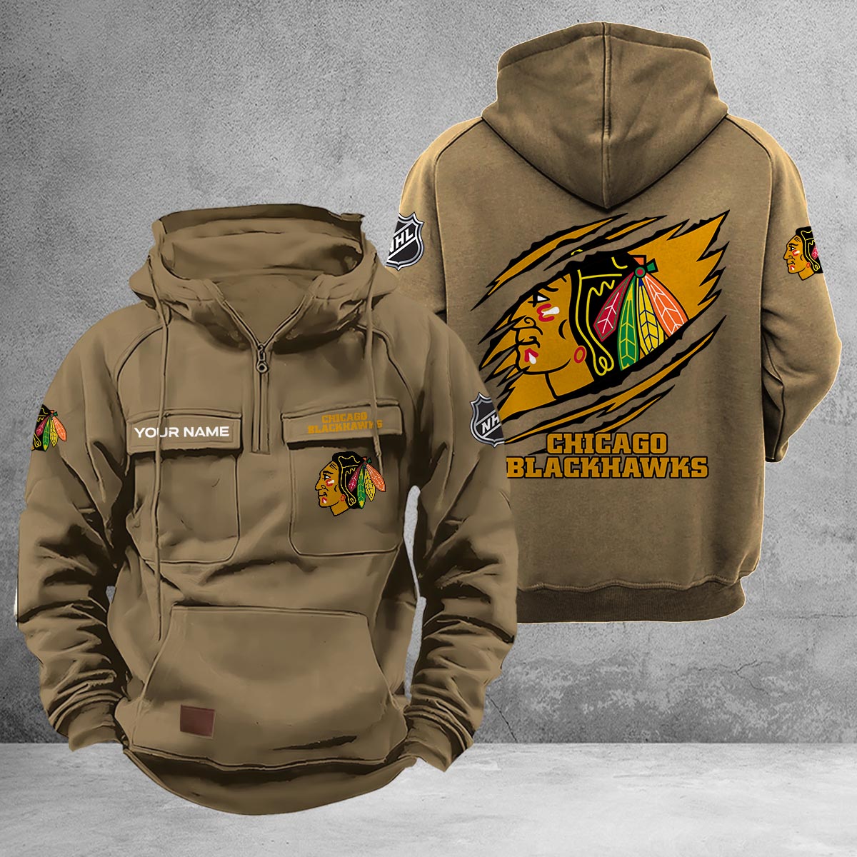Chicago Blackhawks Multi-Pockets Zip-Up Hoodie - Famjoys Chicago Blackhawks Multi-Pockets Zip-Up Hoodie - Famjoys