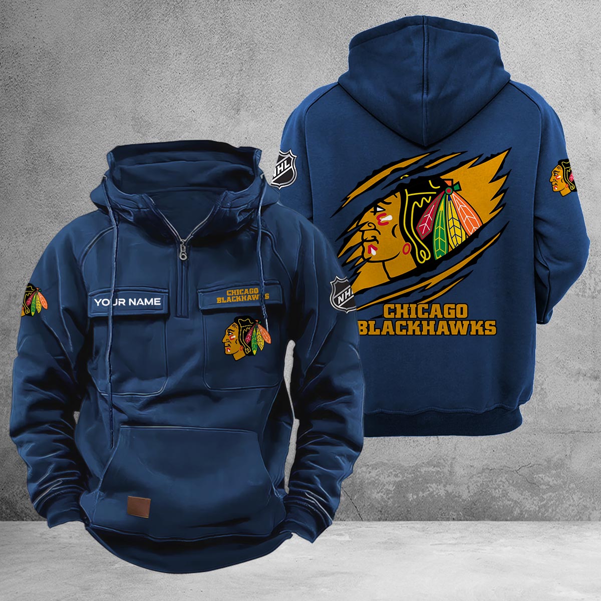 Chicago Blackhawks Multi-Pockets Zip-Up Hoodie - Famjoys Chicago Blackhawks Multi-Pockets Zip-Up Hoodie - Famjoys