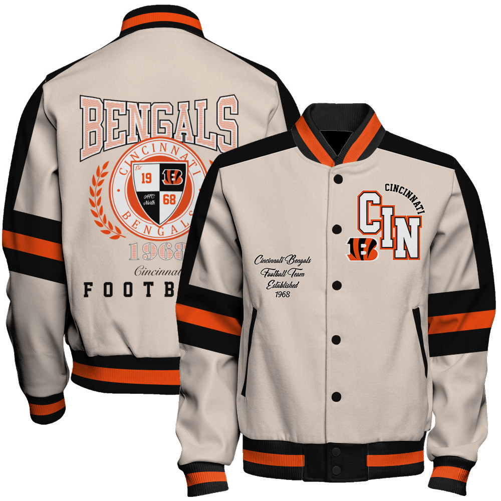 Cincinnati Bengals - Feel The Power Unisex Varsity Jacket - Famjoys Cincinnati Bengals - Feel The Power Unisex Varsity Jacket - Famjoys