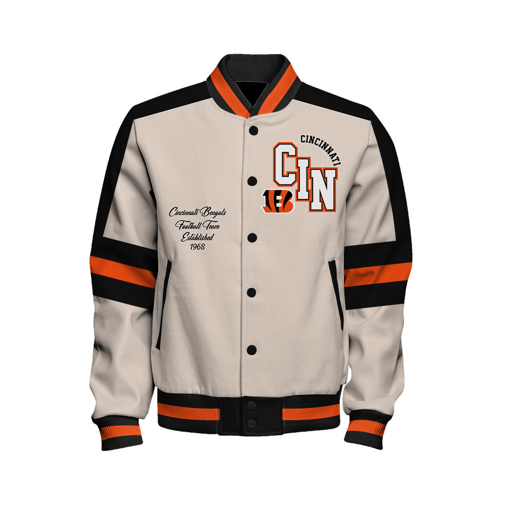 Cincinnati Bengals - Feel The Power Unisex Varsity Jacket - Famjoys Cincinnati Bengals - Feel The Power Unisex Varsity Jacket - Famjoys