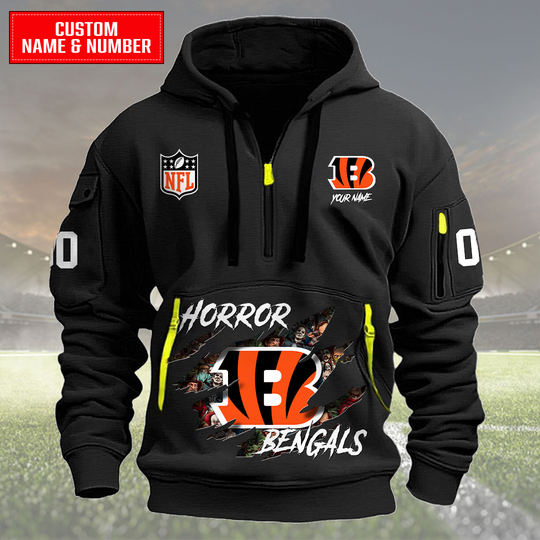 Cincinnati Bengals Halloween Horror Collection Personalize Quarter Zip Hoodie AZCAQZH000019 - Famjoys Cincinnati Bengals Halloween Horror Collection Personalize Quarter Zip Hoodie AZCAQZH000019 - Famjoys