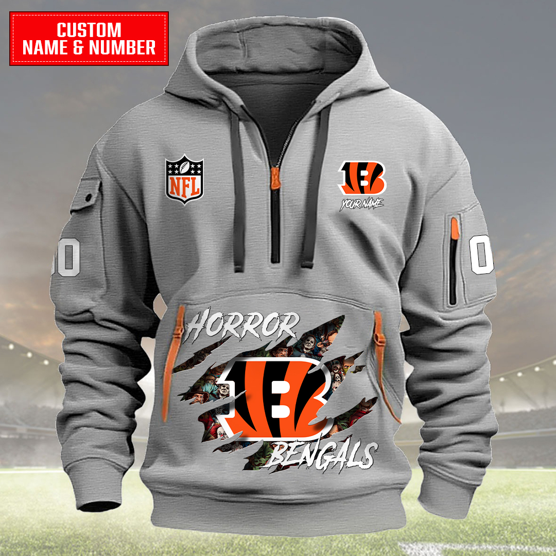 Cincinnati Bengals Halloween Horror Collection Personalize Quarter Zip Hoodie AZCAQZH000019 - Famjoys Cincinnati Bengals Halloween Horror Collection Personalize Quarter Zip Hoodie AZCAQZH000019 - Famjoys