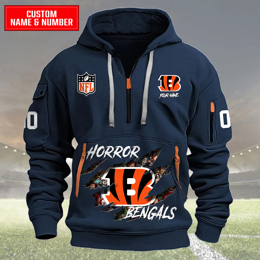Cincinnati Bengals Halloween Horror Collection Personalize Quarter Zip Hoodie AZCAQZH000019 - Famjoys Cincinnati Bengals Halloween Horror Collection Personalize Quarter Zip Hoodie AZCAQZH000019 - Famjoys