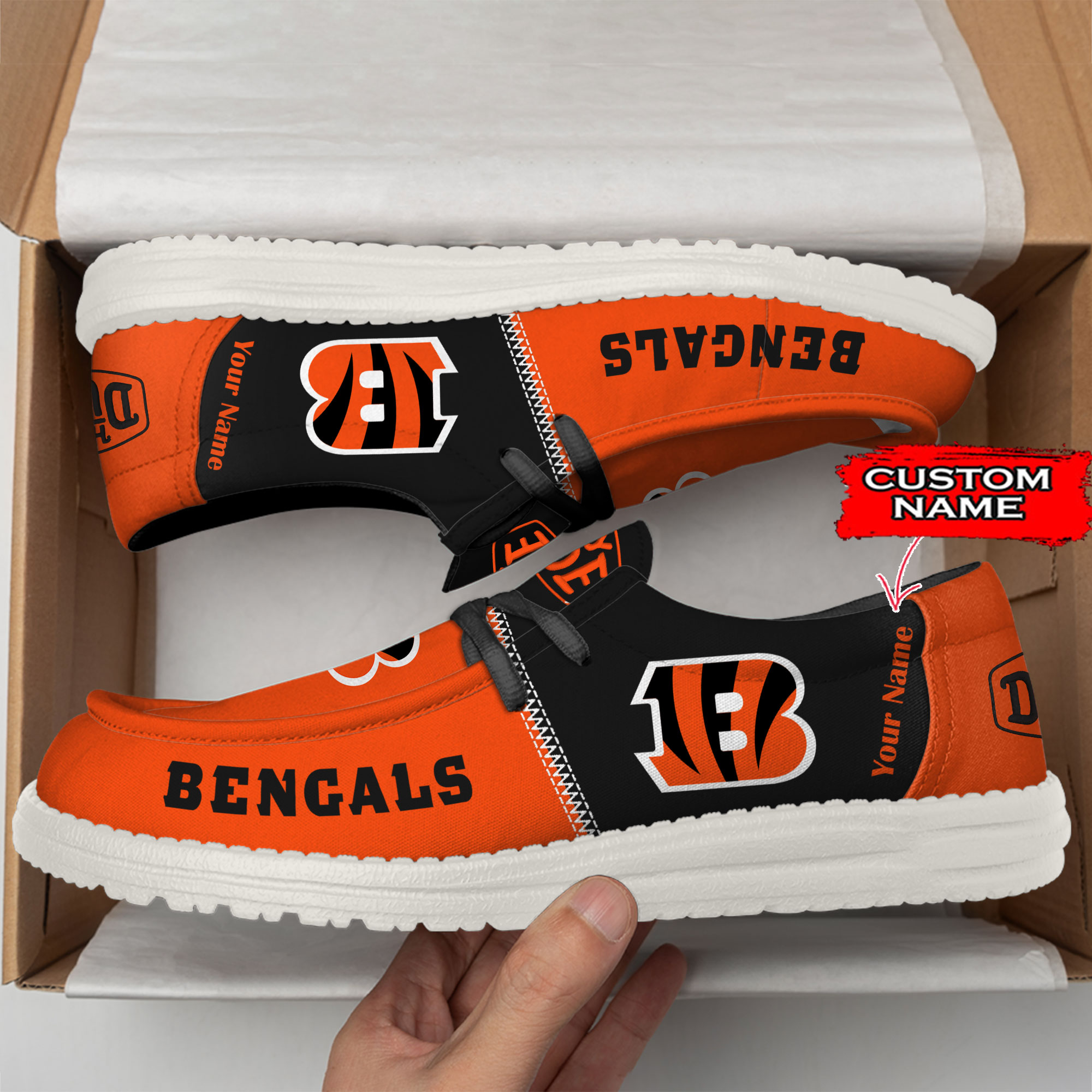 Cincinnati Bengals Personalized Your Name 32 Teams Hey Dude Shoes - Famjoys Cincinnati Bengals Personalized Your Name 32 Teams Hey Dude Shoes - Famjoys