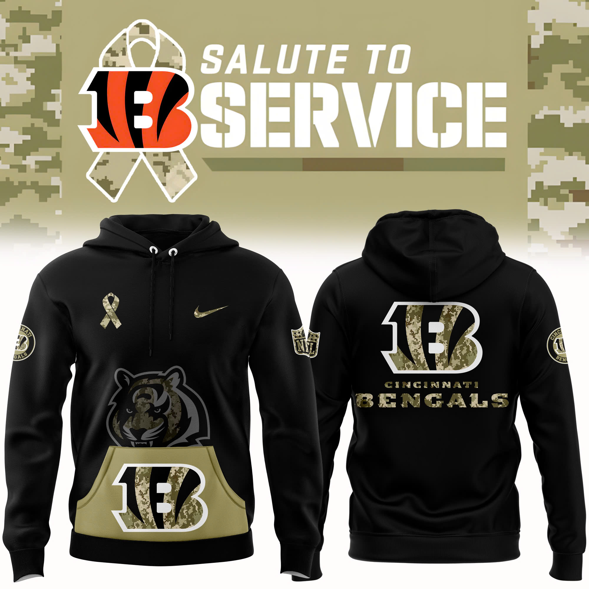 Cincinnati Bengals Salute to Service Club Fleece Pullover Hoodie - Famjoys Cincinnati Bengals Salute to Service Club Fleece Pullover Hoodie - Famjoys