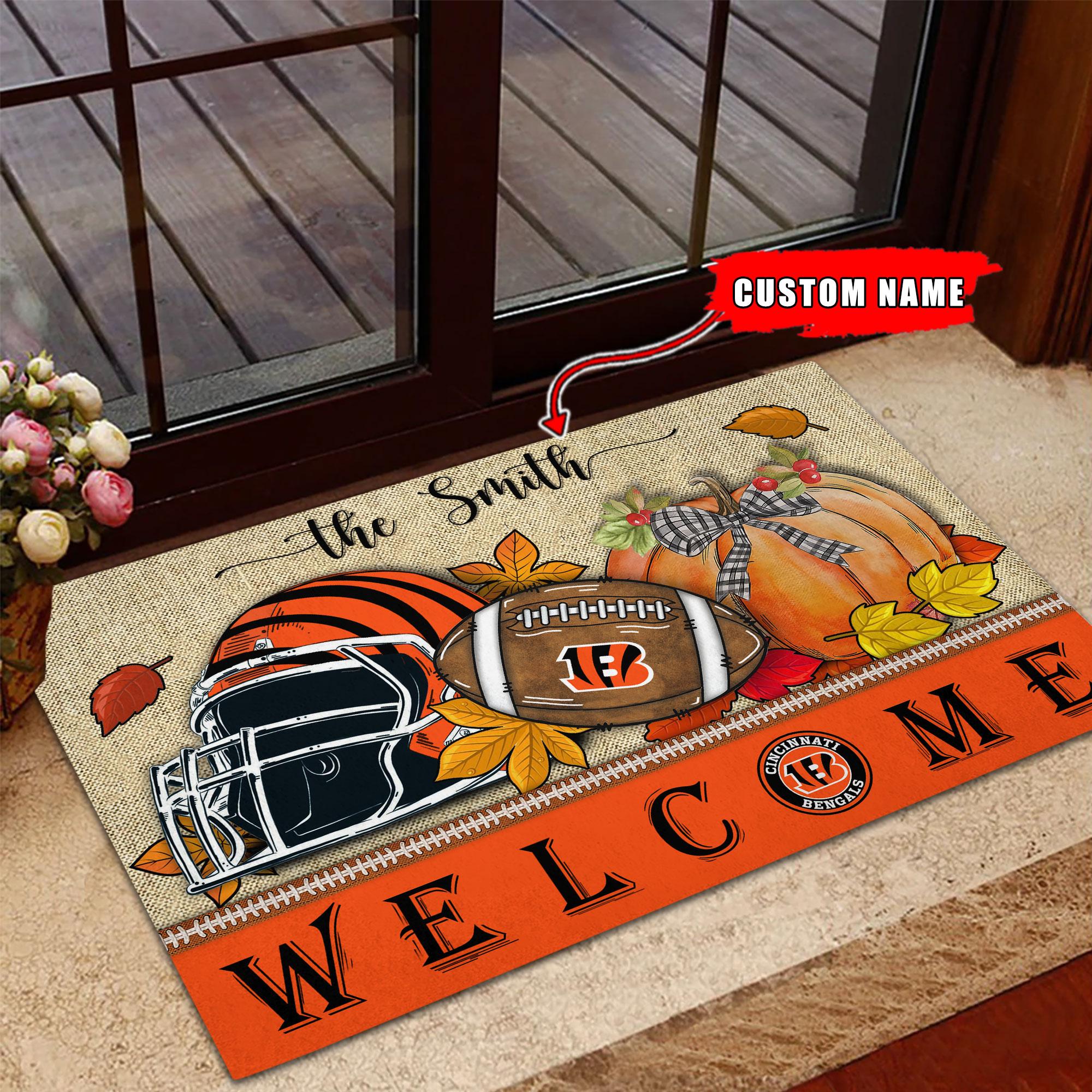 Cincinnati Bengals Welcome Fall Football Doormat - Famjoys Cincinnati Bengals Welcome Fall Football Doormat - Famjoys