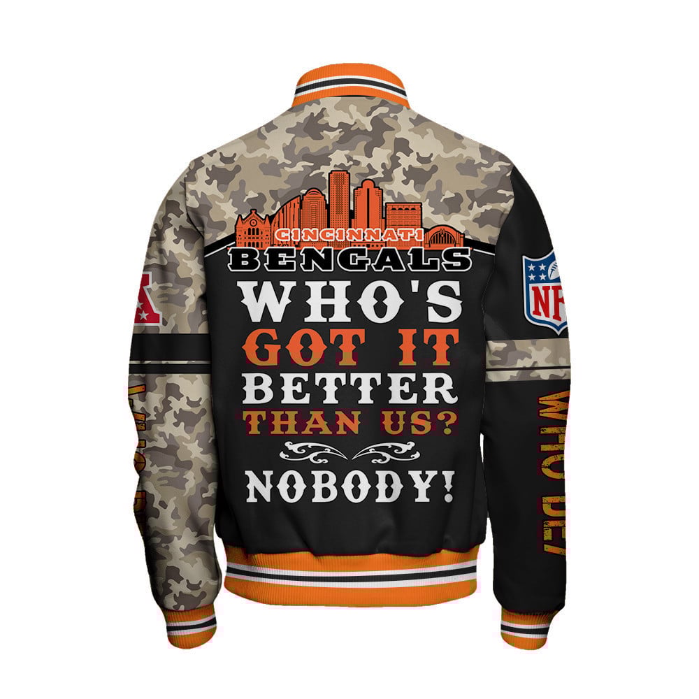 Cincinnati Bengals Who Dey National Football League Print Varsity Jacket - Famjoys Cincinnati Bengals Who Dey National Football League Print Varsity Jacket - Famjoys