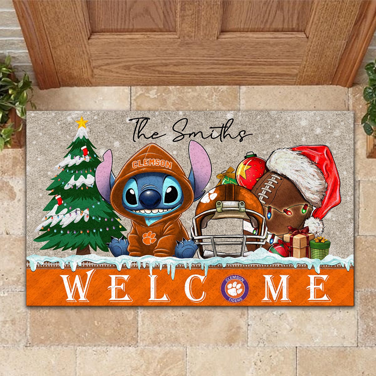 Clemson Tigers Cute Stitch Christmas Doormat - Famjoys Clemson Tigers Cute Stitch Christmas Doormat - Famjoys