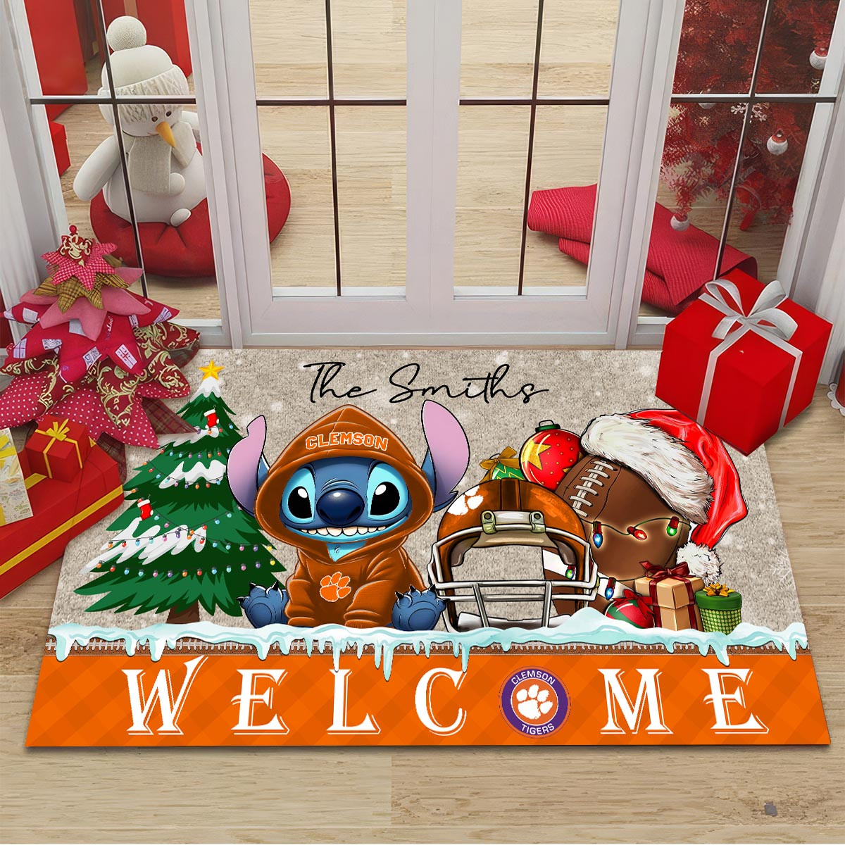 Clemson Tigers Cute Stitch Christmas Doormat - Famjoys Clemson Tigers Cute Stitch Christmas Doormat - Famjoys