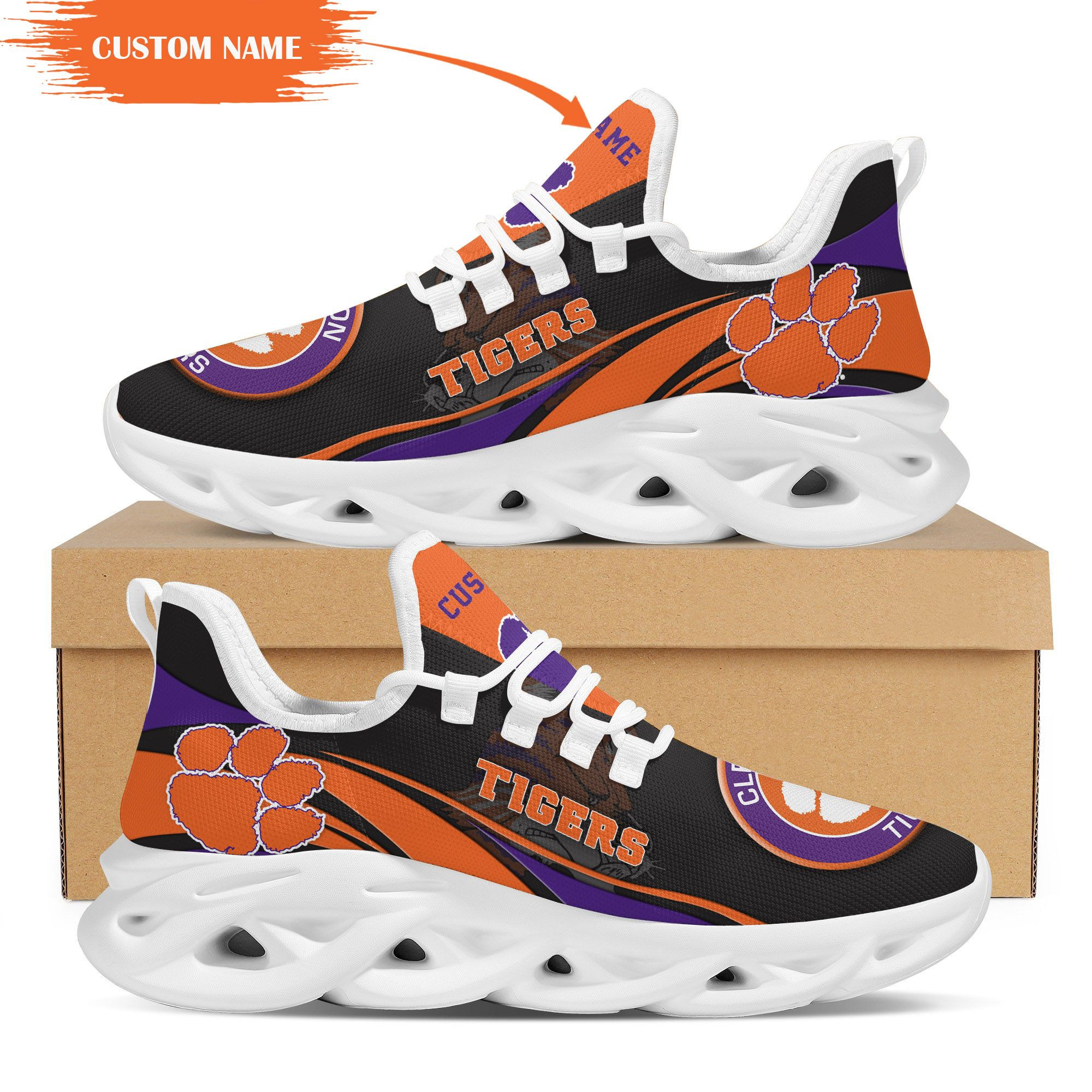Clemson Tigers Mascot Custom Name Personalized Max Soul Sneakers - Famjoys Clemson Tigers Mascot Custom Name Personalized Max Soul Sneakers - Famjoys
