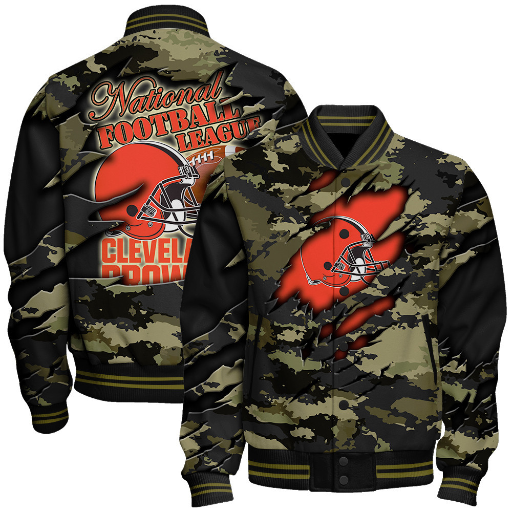 Cleveland Browns Black Camo Pattern National Football League Varsity Jacket - Famjoys Cleveland Browns Black Camo Pattern National Football League Varsity Jacket - Famjoys