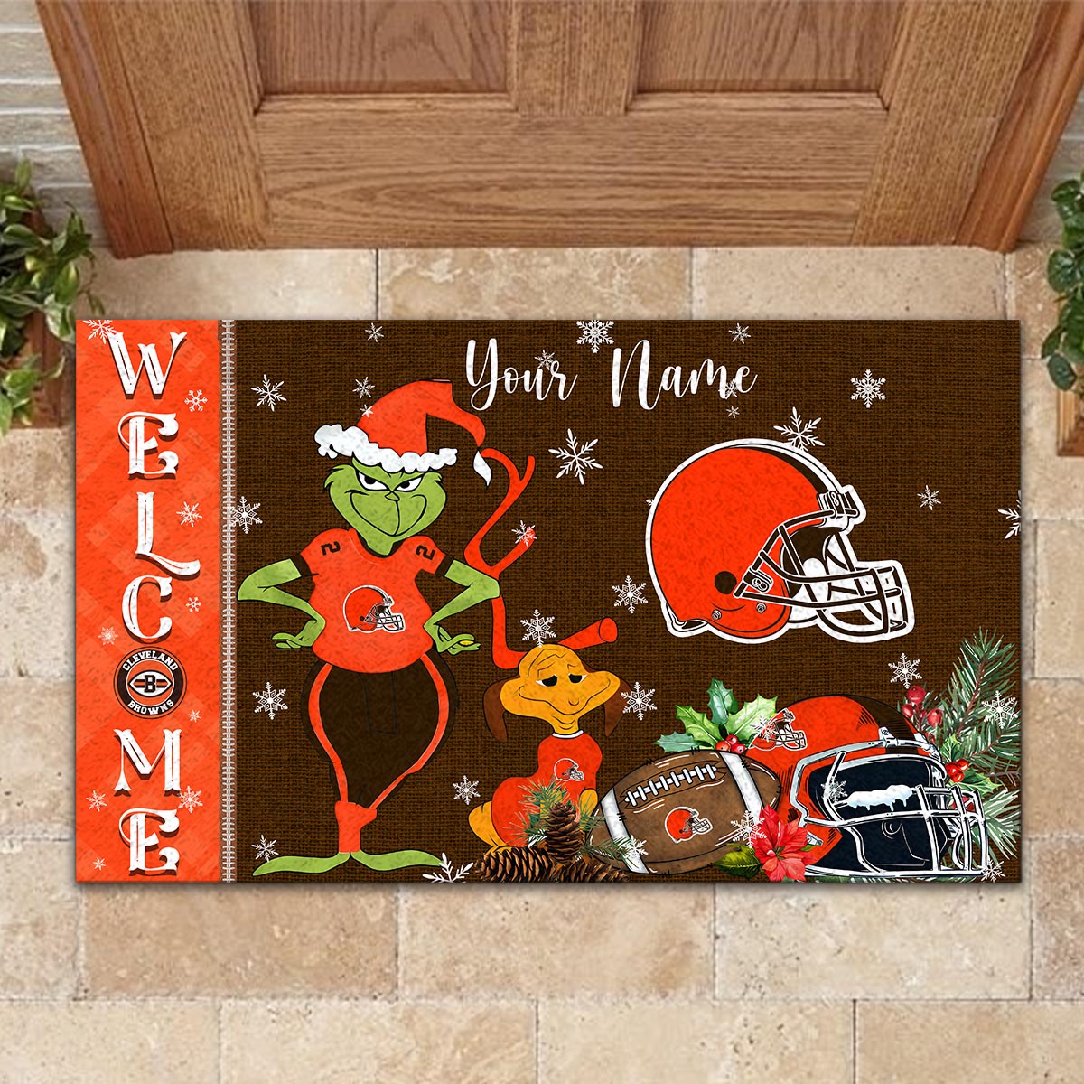 Cleveland Browns Grinch Christmas Welcome Football Doormat - Famjoys Cleveland Browns Grinch Christmas Welcome Football Doormat - Famjoys