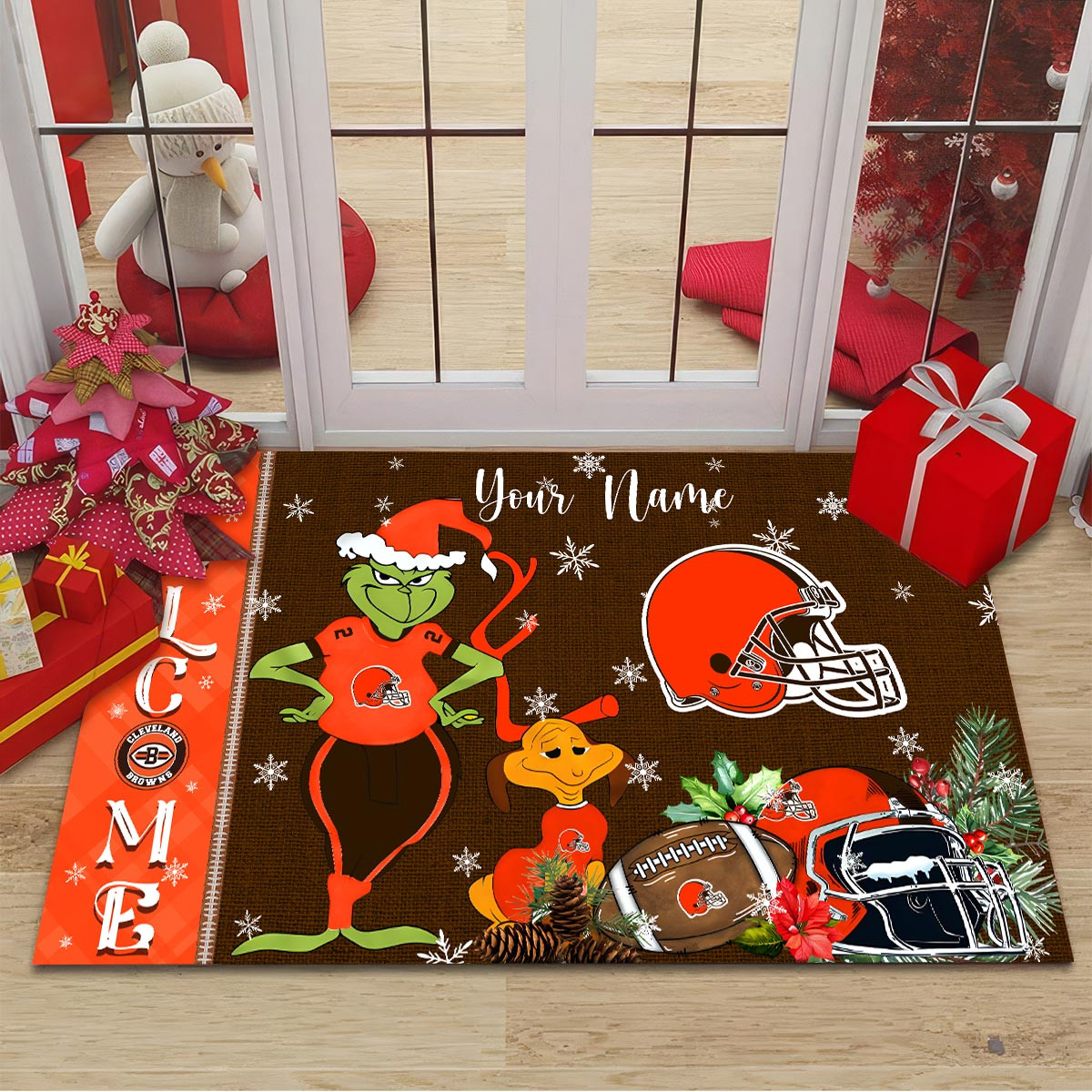 Cleveland Browns Grinch Christmas Welcome Football Doormat - Famjoys Cleveland Browns Grinch Christmas Welcome Football Doormat - Famjoys