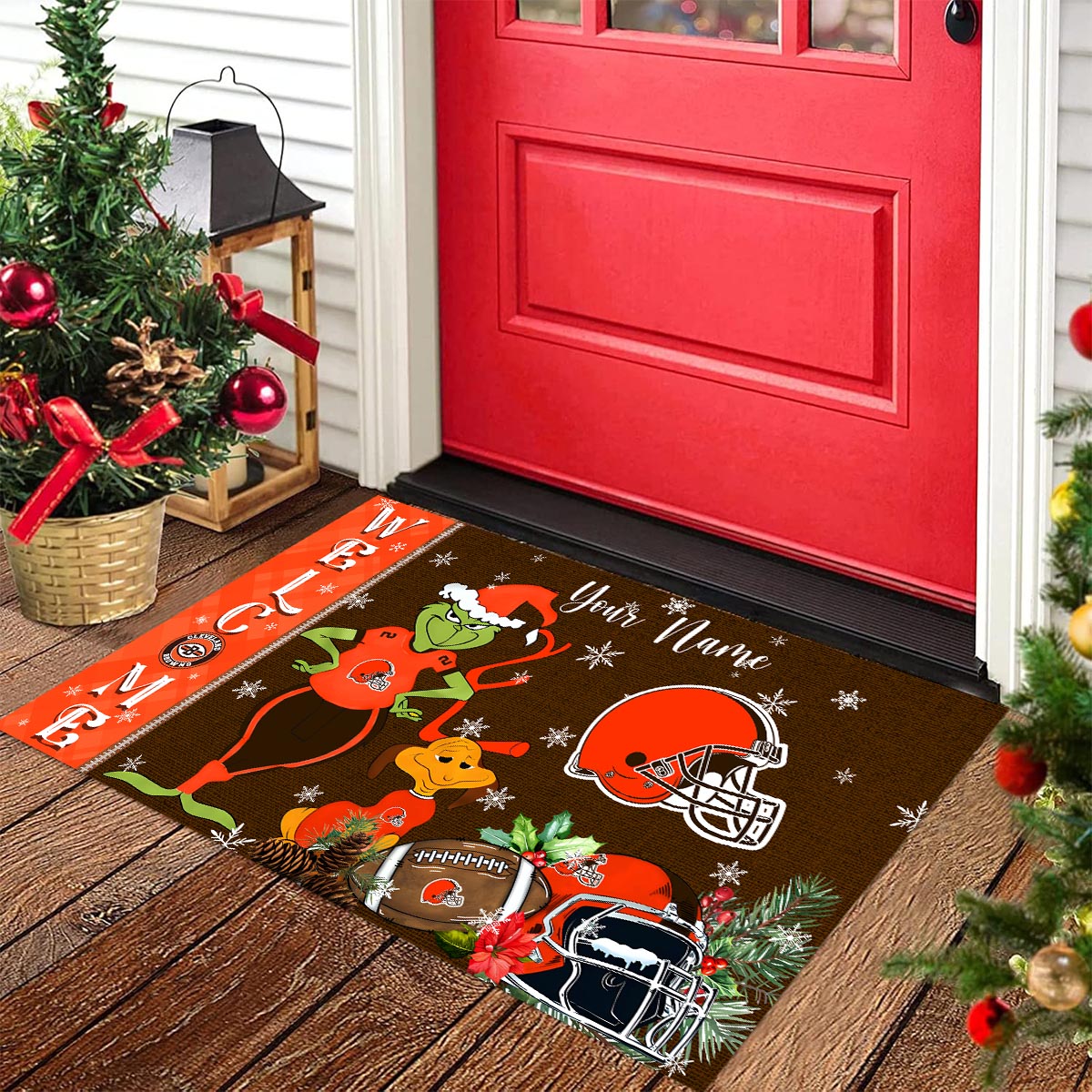 Cleveland Browns Grinch Christmas Welcome Football Doormat - Famjoys Cleveland Browns Grinch Christmas Welcome Football Doormat - Famjoys
