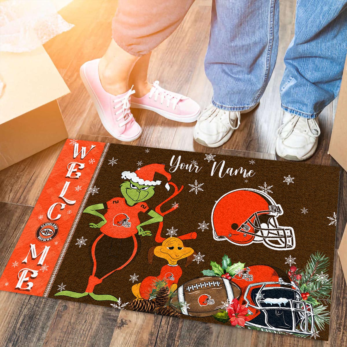 Cleveland Browns Grinch Christmas Welcome Football Doormat - Famjoys Cleveland Browns Grinch Christmas Welcome Football Doormat - Famjoys