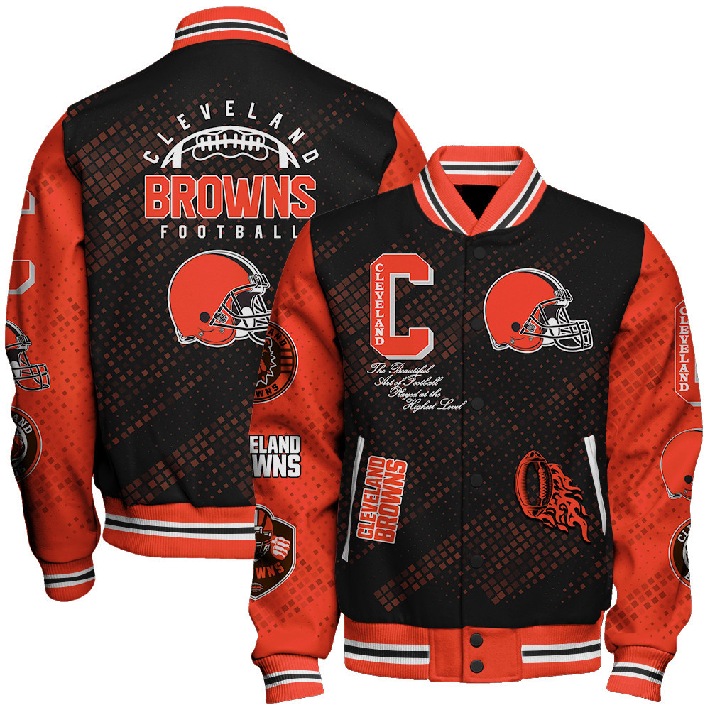 Cleveland Browns National Football League Pattern Varsity Jacket V13 - Famjoys Cleveland Browns National Football League Pattern Varsity Jacket V13 - Famjoys