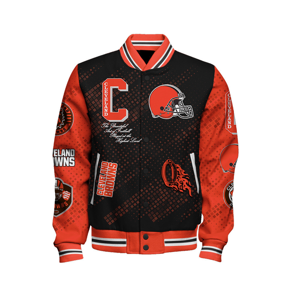 Cleveland Browns National Football League Pattern Varsity Jacket V13 - Famjoys Cleveland Browns National Football League Pattern Varsity Jacket V13 - Famjoys