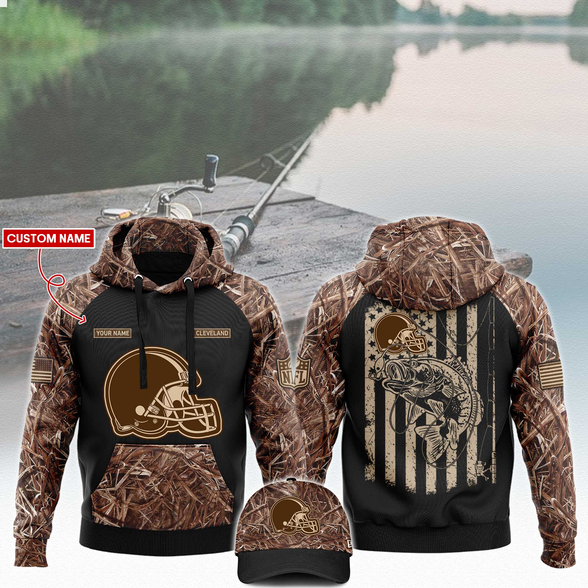 Cleveland Browns x Fishing Hoodie V3 - Famjoys Cleveland Browns x Fishing Hoodie V3 - Famjoys