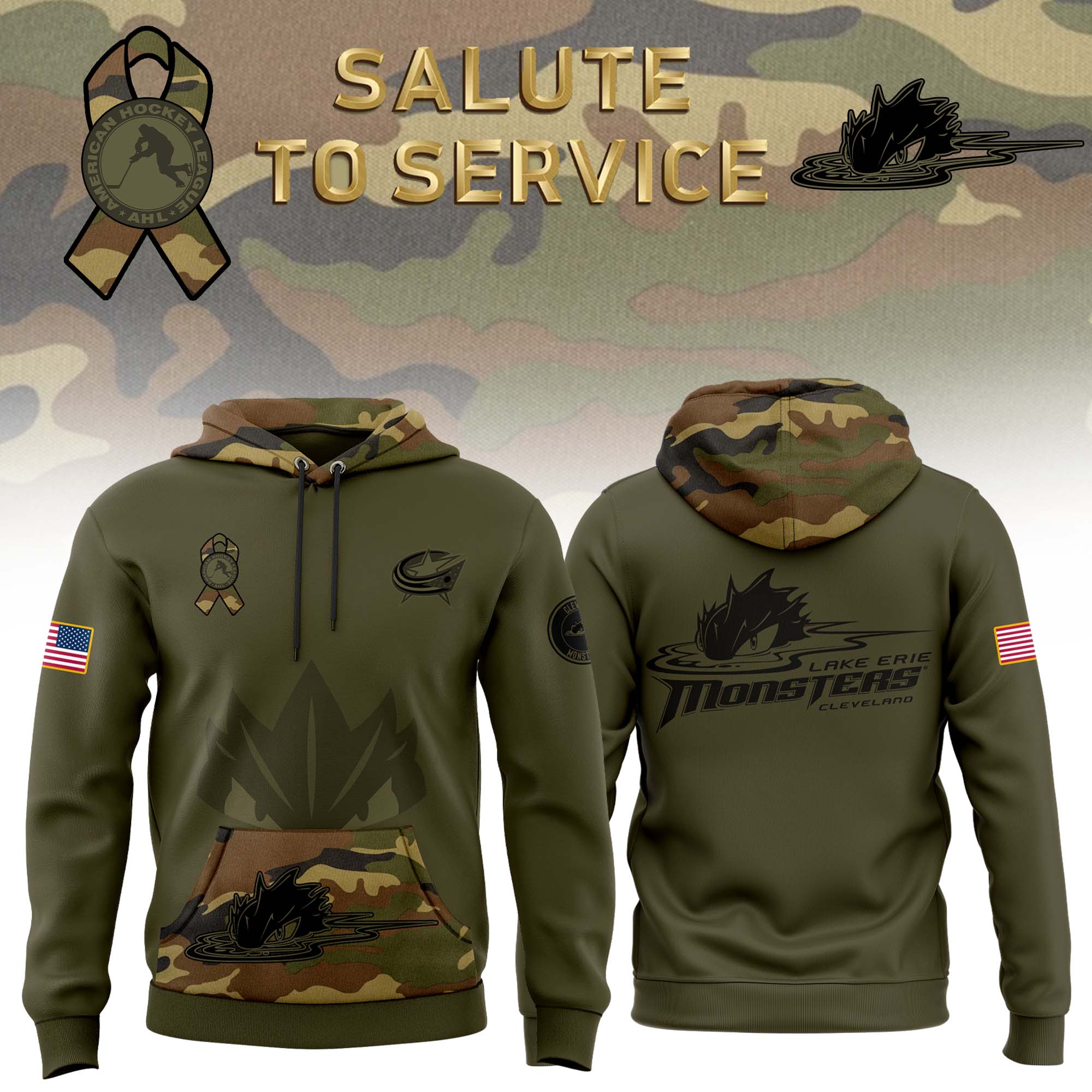 Cleveland Monsters Camo Salute to Service Club Fleece Pullover Hoodie - Famjoys Cleveland Monsters Camo Salute to Service Club Fleece Pullover Hoodie - Famjoys