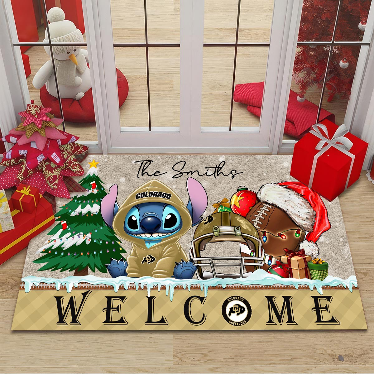 Colorado Buffaloes Cute Stitch Christmas Doormat - Famjoys Colorado Buffaloes Cute Stitch Christmas Doormat - Famjoys