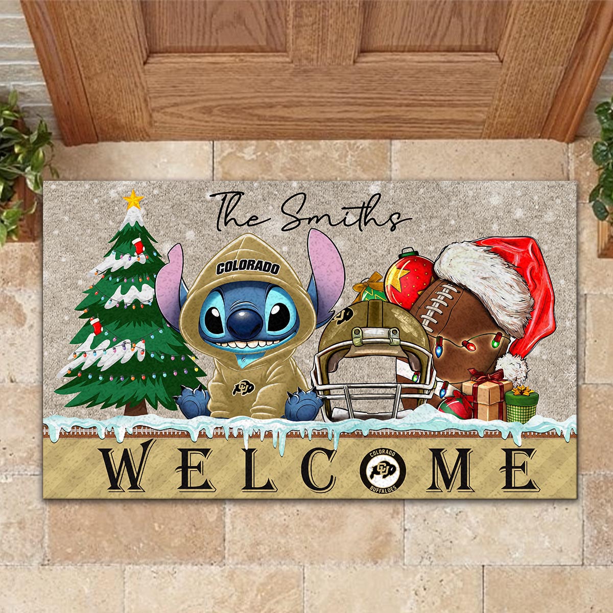 Colorado Buffaloes Cute Stitch Christmas Doormat - Famjoys Colorado Buffaloes Cute Stitch Christmas Doormat - Famjoys