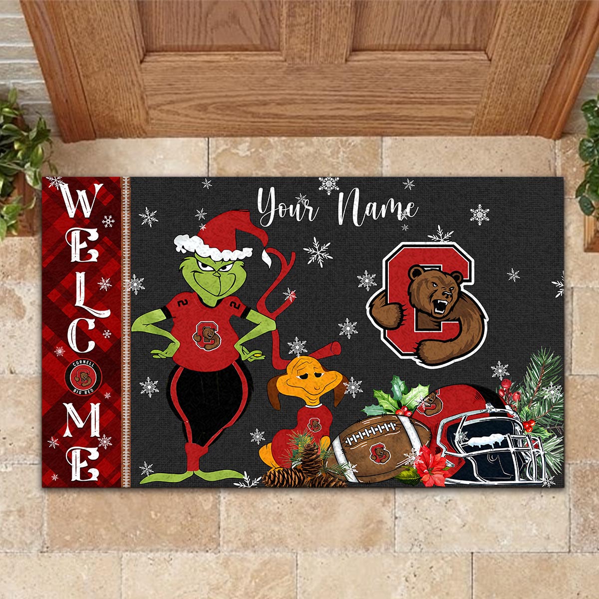 Cornell Big Red Grinch Christmas Welcome Football Doormat - Famjoys Cornell Big Red Grinch Christmas Welcome Football Doormat - Famjoys