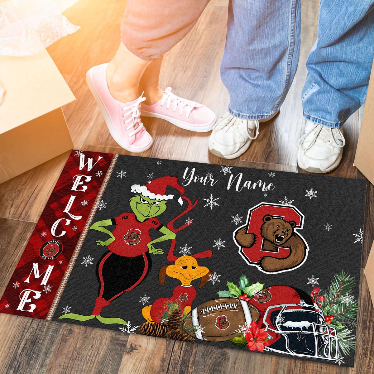 Cornell Big Red Grinch Christmas Welcome Football Doormat - Famjoys Cornell Big Red Grinch Christmas Welcome Football Doormat - Famjoys