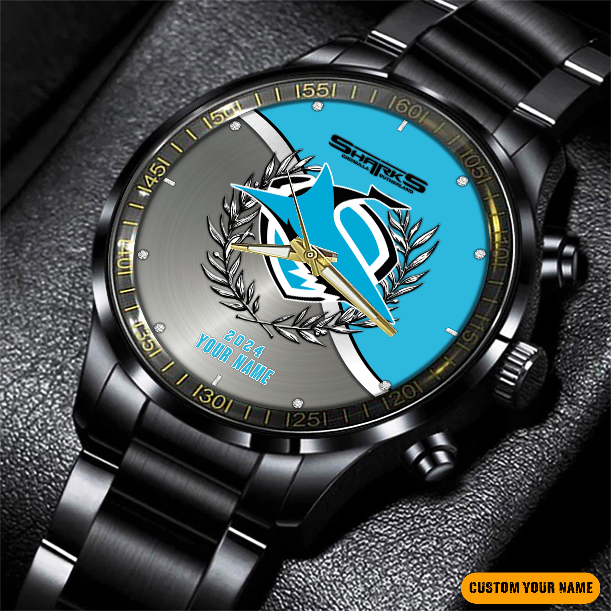 Cronulla Sharks Black Fashion Watch Custom Your Name - Famjoys Cronulla Sharks Black Fashion Watch Custom Your Name - Famjoys