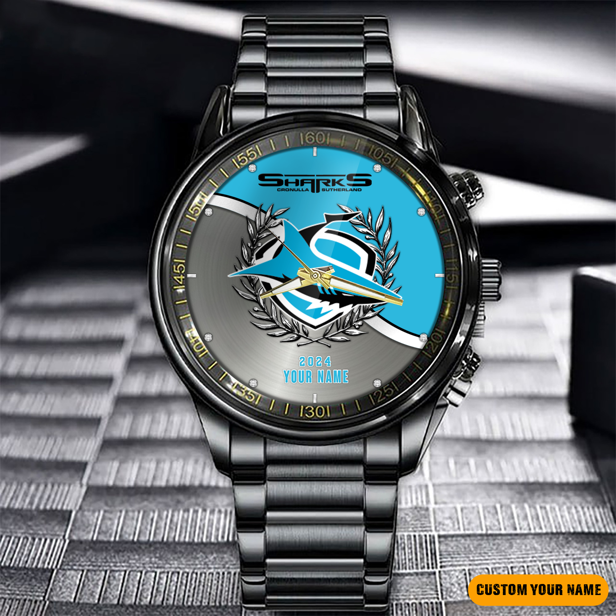 Cronulla Sharks Black Fashion Watch Custom Your Name - Famjoys Cronulla Sharks Black Fashion Watch Custom Your Name - Famjoys