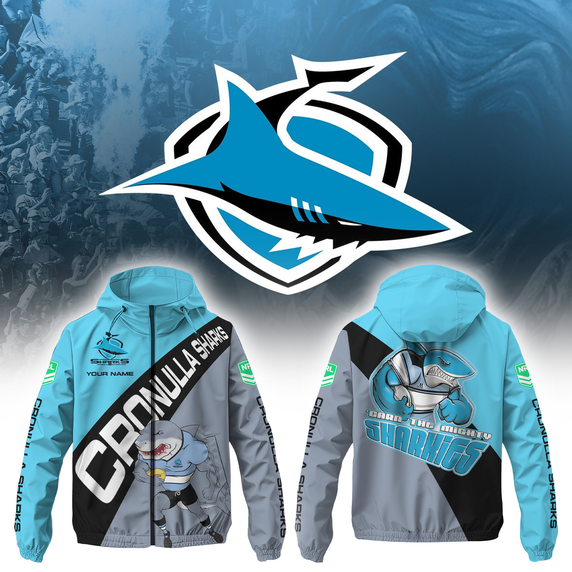 Cronulla Sharks Personalized Hooded Wind Jacket – Edition - Famjoys Cronulla Sharks Personalized Hooded Wind Jacket – Edition - Famjoys