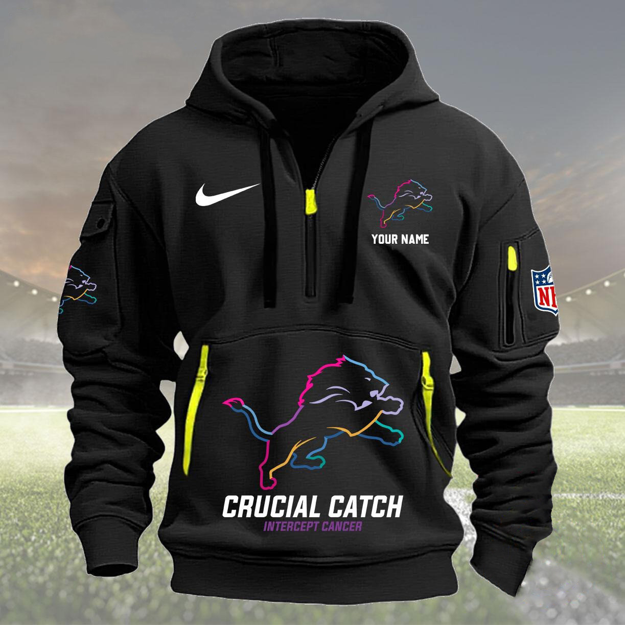 Custom Detroit Lions Football Quarter Half Zip Hoodie Crucial Catch Intercept Cancer - Famjoys Custom Detroit Lions Football Quarter Half Zip Hoodie Crucial Catch Intercept Cancer - Famjoys