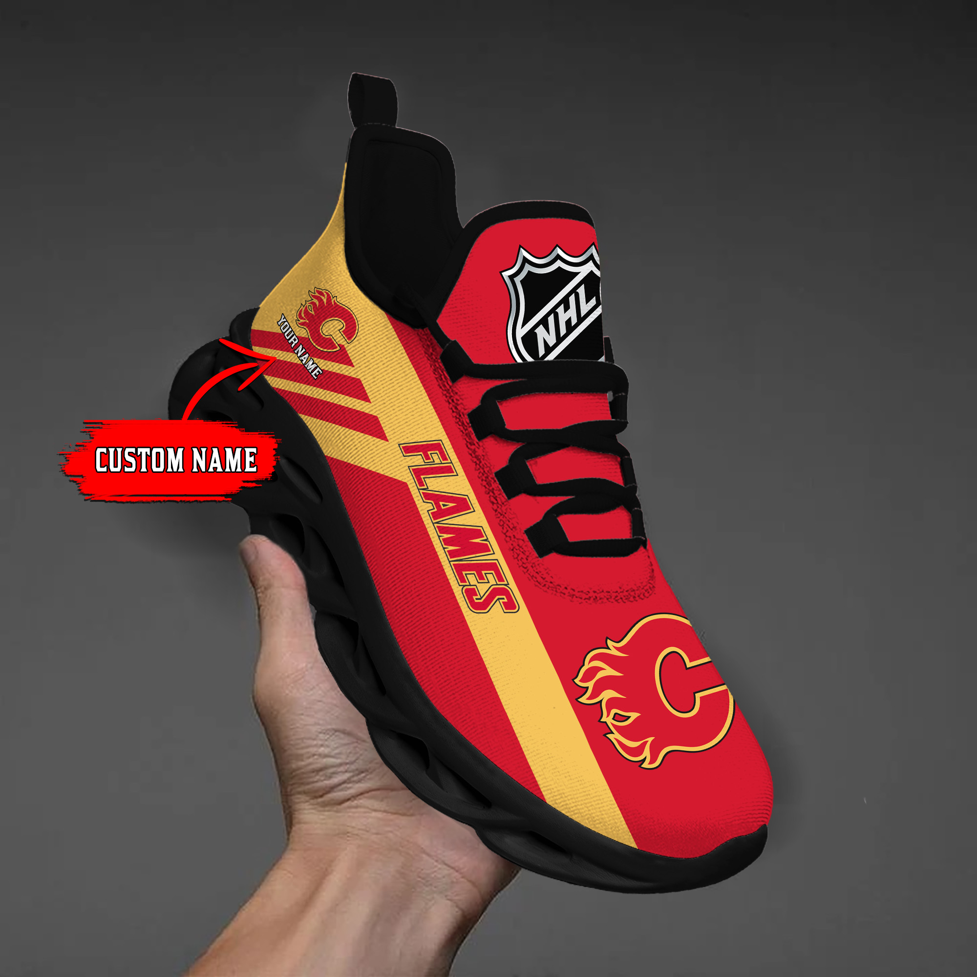 Custom Name Calgary Flames PERSONALIZED MAX SOUL SHOES DS004 - Famjoys Custom Name Calgary Flames PERSONALIZED MAX SOUL SHOES DS004 - Famjoys