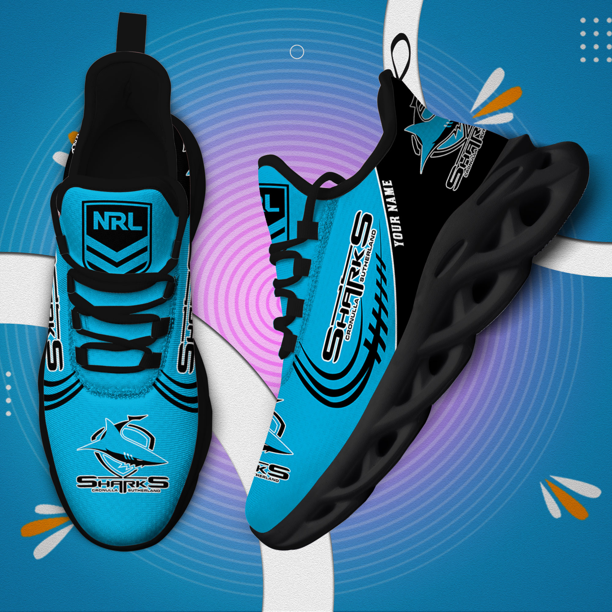 Custom Name Cronulla Sharks PERSONALIZED MAX SOUL SHOES DS006 - Famjoys Custom Name Cronulla Sharks PERSONALIZED MAX SOUL SHOES DS006 - Famjoys