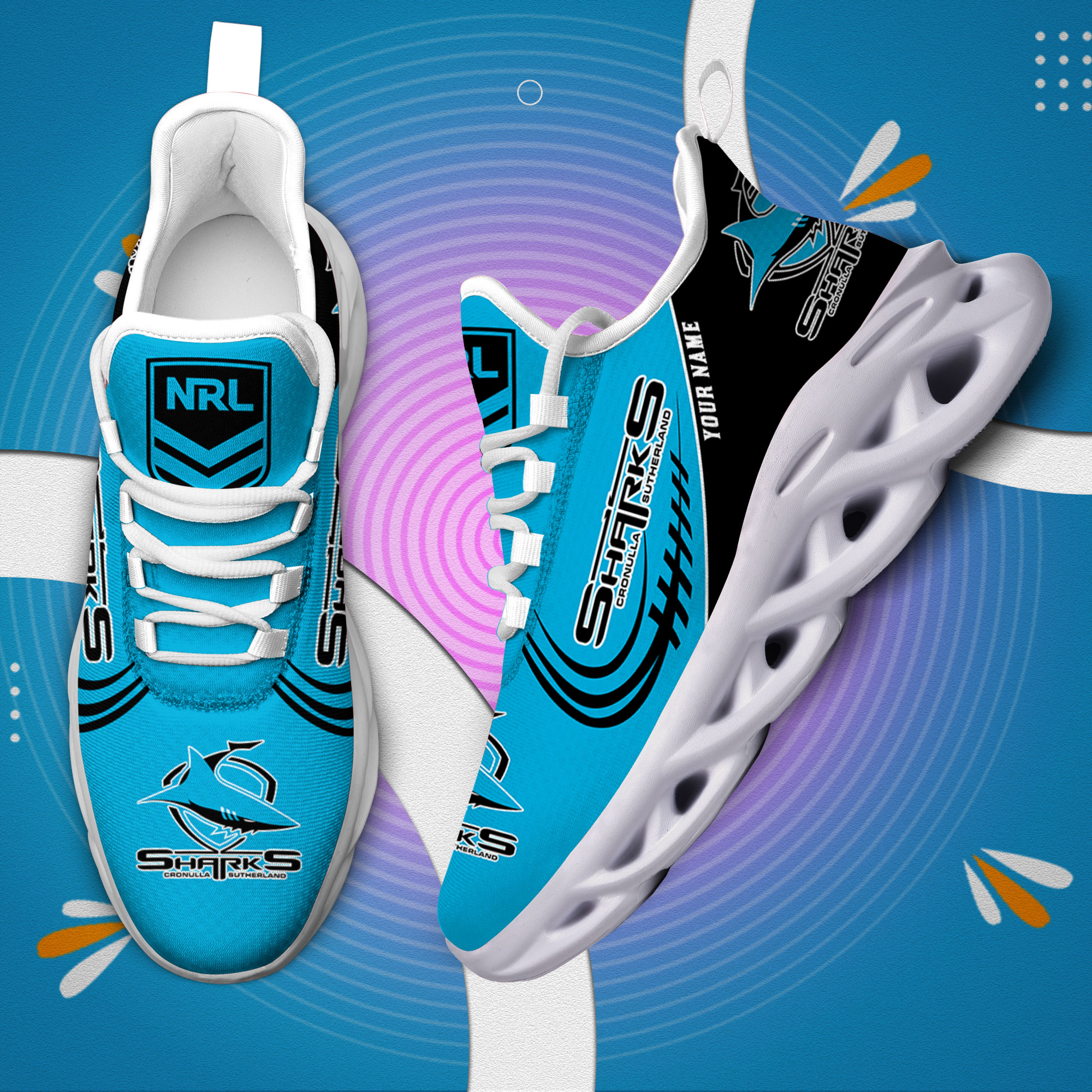 Custom Name Cronulla Sharks PERSONALIZED MAX SOUL SHOES DS006 - Famjoys Custom Name Cronulla Sharks PERSONALIZED MAX SOUL SHOES DS006 - Famjoys