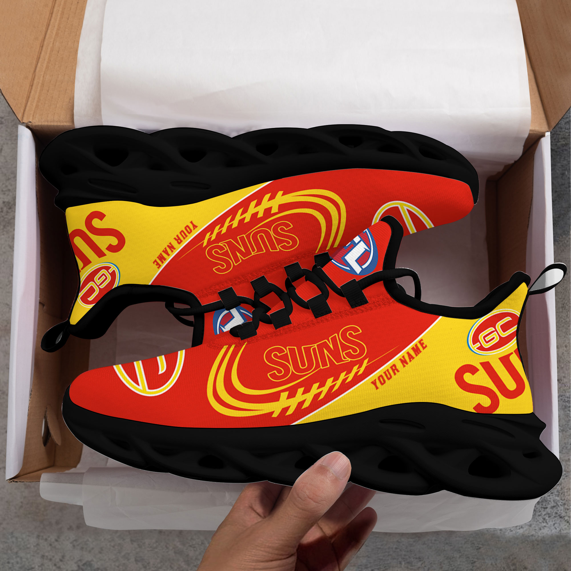Custom Name Gold Coast Suns PERSONALIZED MAX SOUL SHOES DS006 - Famjoys Custom Name Gold Coast Suns PERSONALIZED MAX SOUL SHOES DS006 - Famjoys