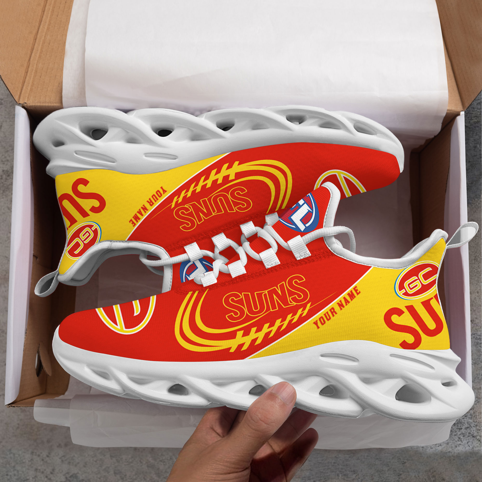 Custom Name Gold Coast Suns PERSONALIZED MAX SOUL SHOES DS006 - Famjoys Custom Name Gold Coast Suns PERSONALIZED MAX SOUL SHOES DS006 - Famjoys
