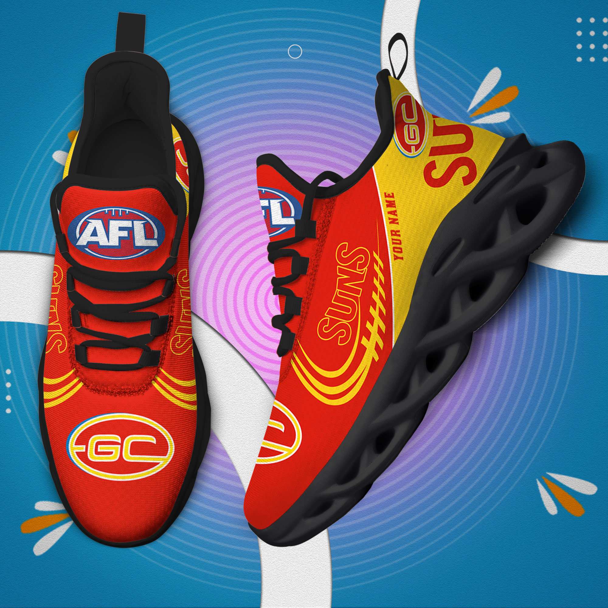 Custom Name Gold Coast Suns PERSONALIZED MAX SOUL SHOES DS006 - Famjoys Custom Name Gold Coast Suns PERSONALIZED MAX SOUL SHOES DS006 - Famjoys