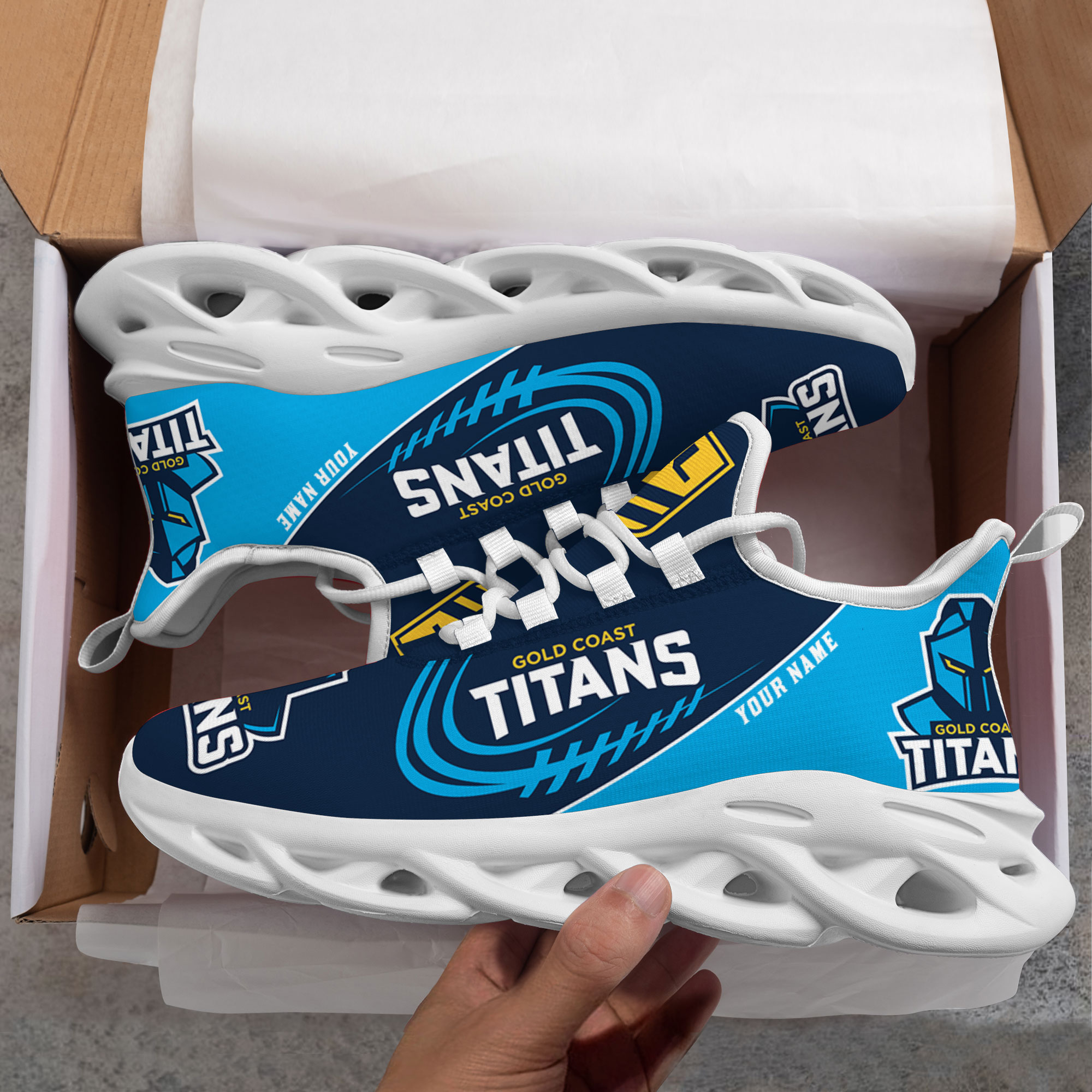 Custom Name Gold Coast Titans PERSONALIZED MAX SOUL SHOES DS006 - Famjoys Custom Name Gold Coast Titans PERSONALIZED MAX SOUL SHOES DS006 - Famjoys