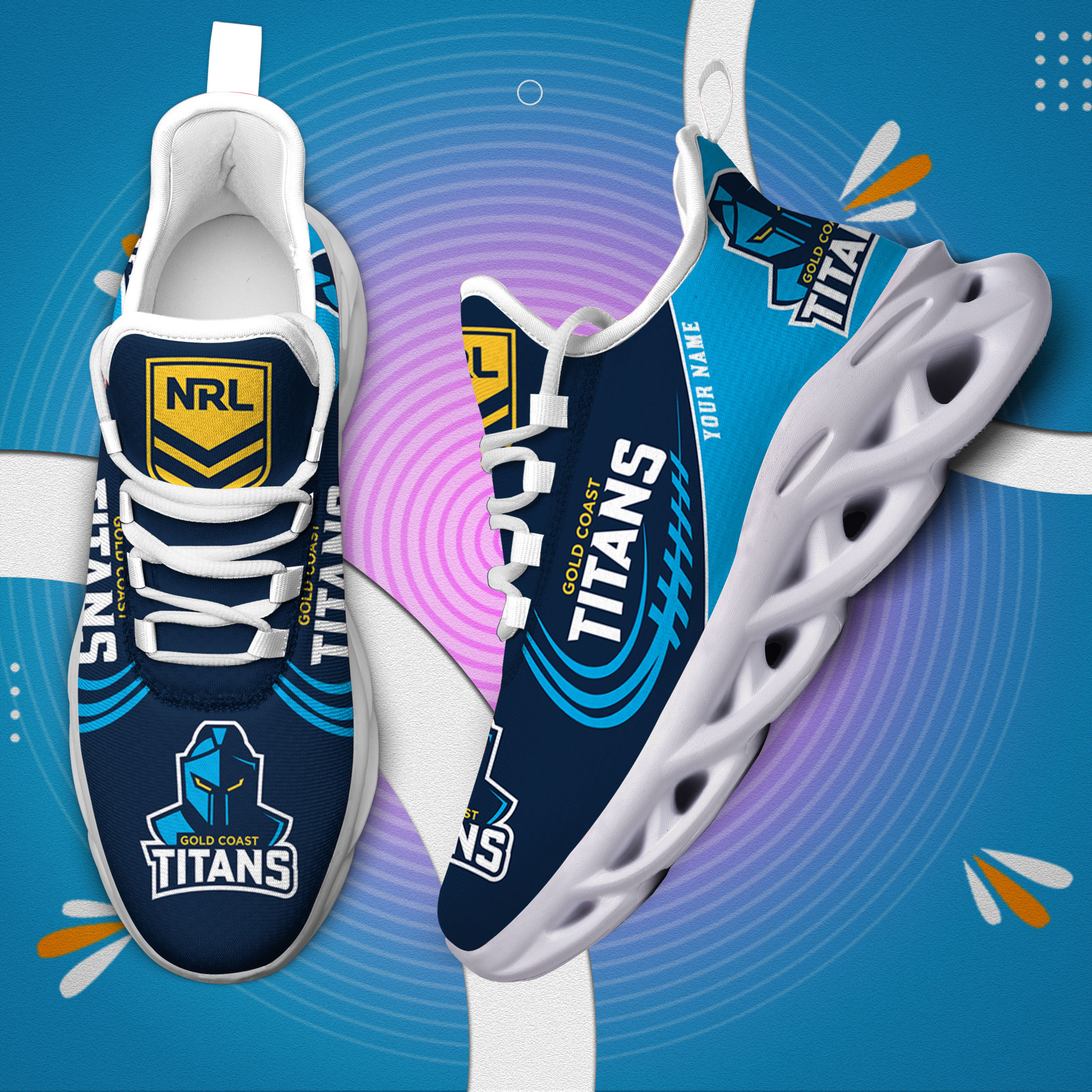 Custom Name Gold Coast Titans PERSONALIZED MAX SOUL SHOES DS006 - Famjoys Custom Name Gold Coast Titans PERSONALIZED MAX SOUL SHOES DS006 - Famjoys