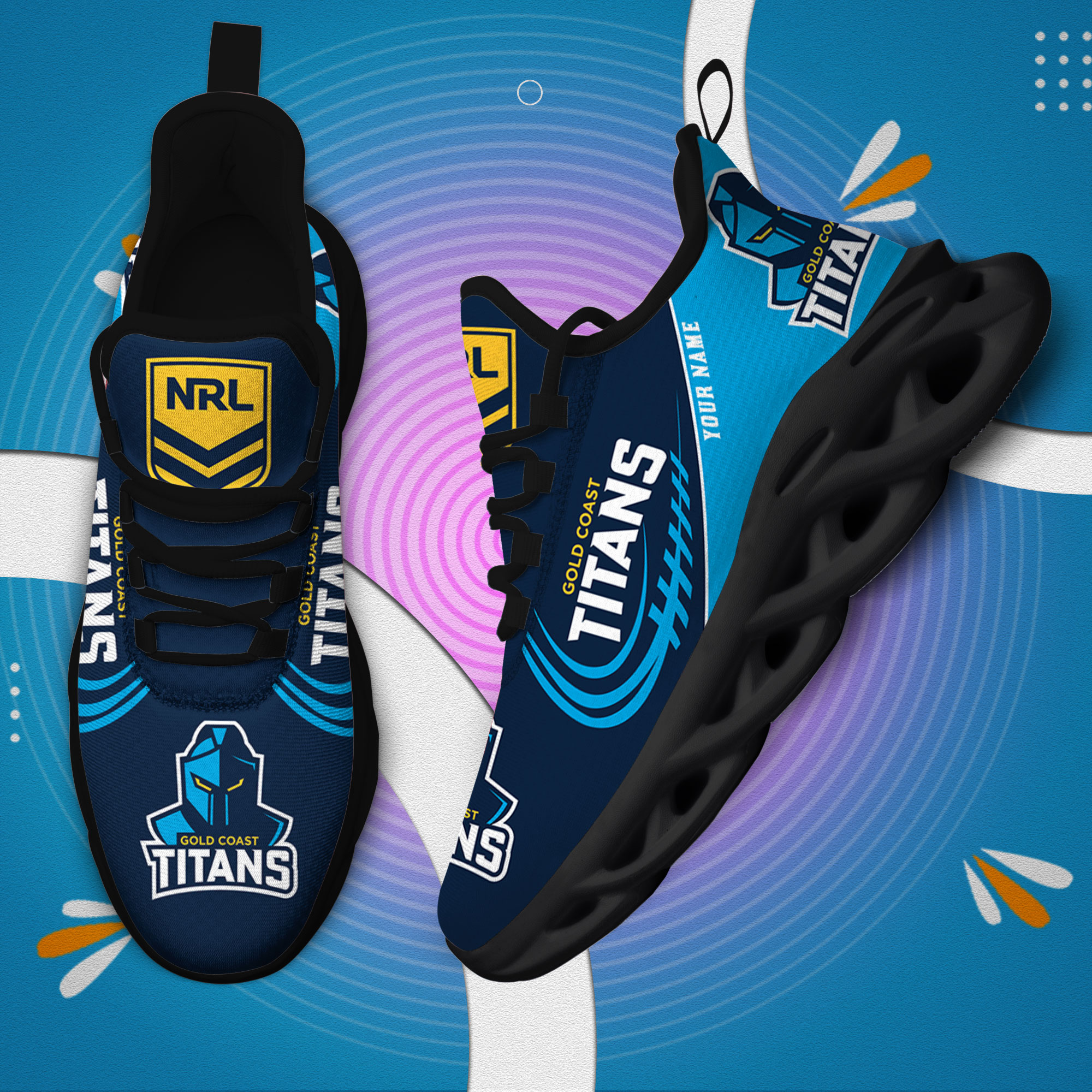 Custom Name Gold Coast Titans PERSONALIZED MAX SOUL SHOES DS006 - Famjoys Custom Name Gold Coast Titans PERSONALIZED MAX SOUL SHOES DS006 - Famjoys