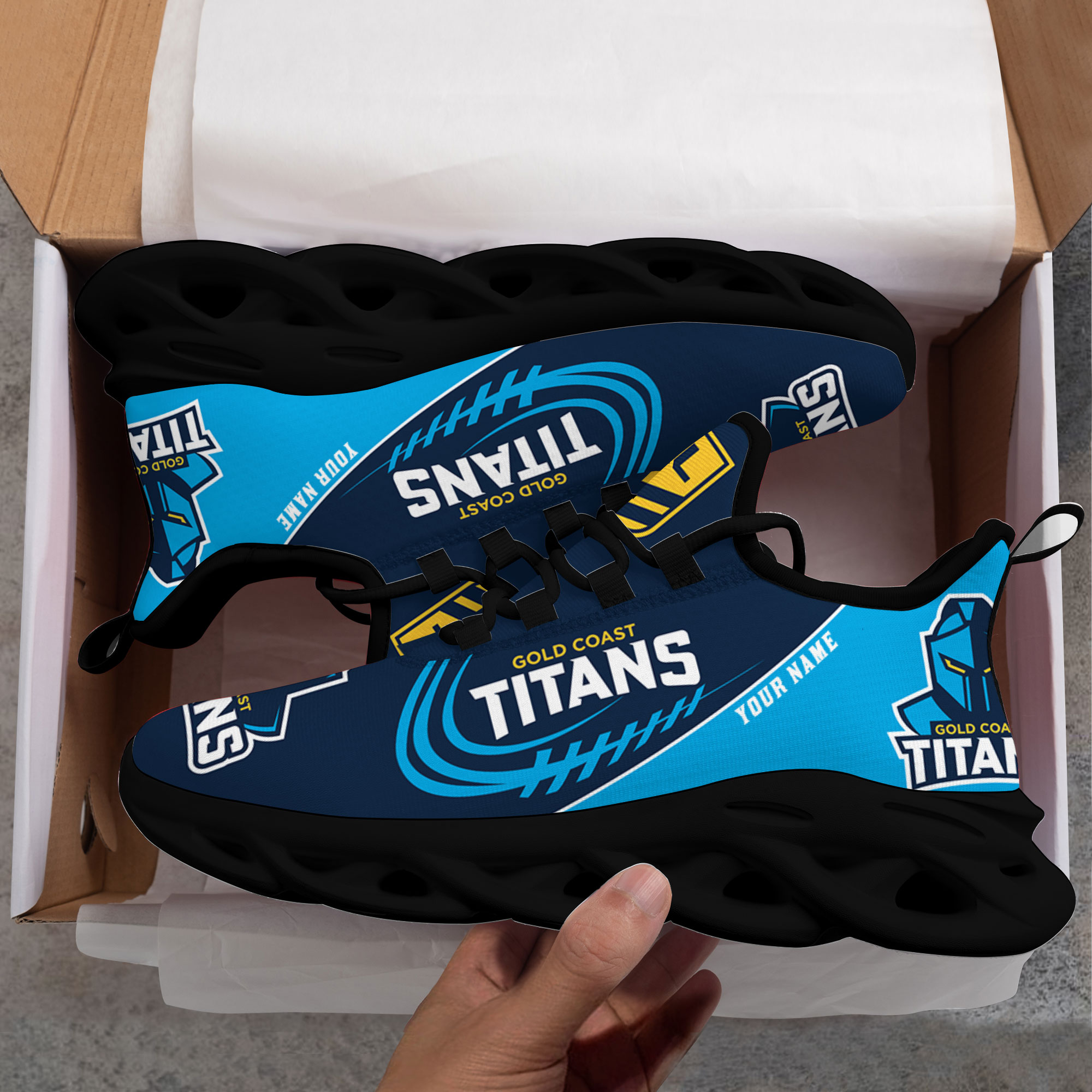 Custom Name Gold Coast Titans PERSONALIZED MAX SOUL SHOES DS006 - Famjoys Custom Name Gold Coast Titans PERSONALIZED MAX SOUL SHOES DS006 - Famjoys