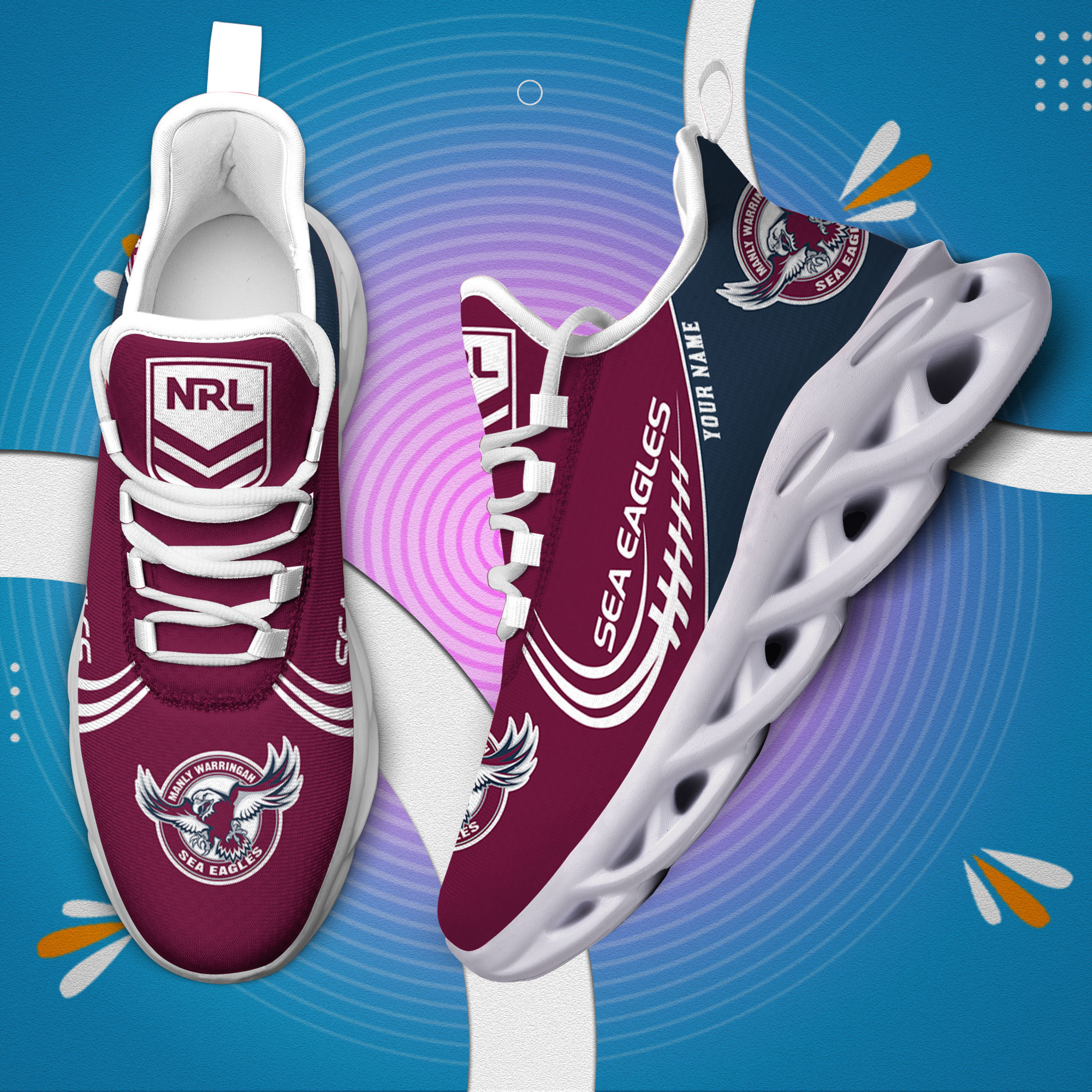 Custom Name Manly Sea Eagles PERSONALIZED MAX SOUL SHOES DS006 - Famjoys Custom Name Manly Sea Eagles PERSONALIZED MAX SOUL SHOES DS006 - Famjoys