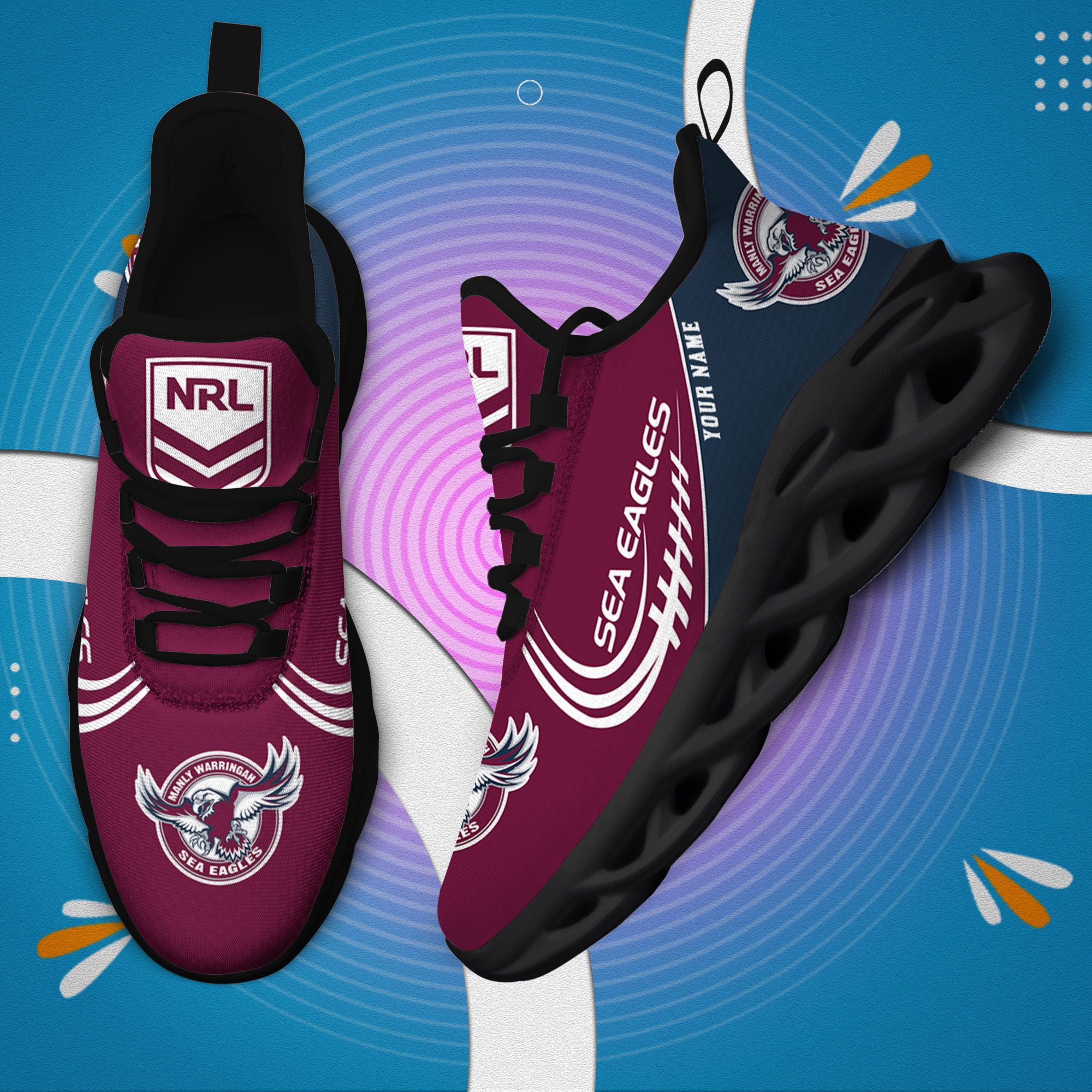 Custom Name Manly Sea Eagles PERSONALIZED MAX SOUL SHOES DS006 - Famjoys Custom Name Manly Sea Eagles PERSONALIZED MAX SOUL SHOES DS006 - Famjoys